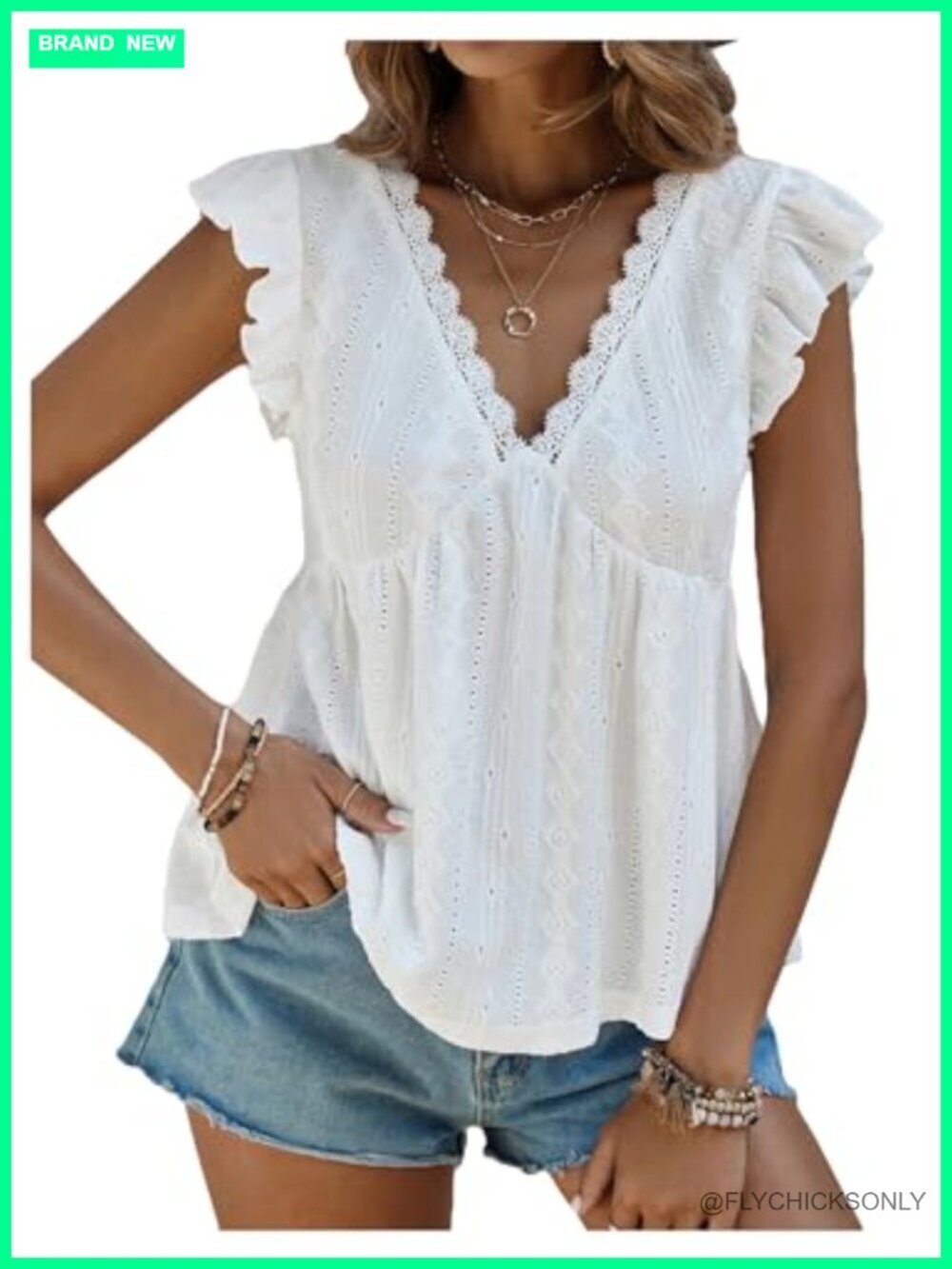 Lace Trimmed V Neck Ruffled Sleeve Flared Eyelet Tank Blouse Top